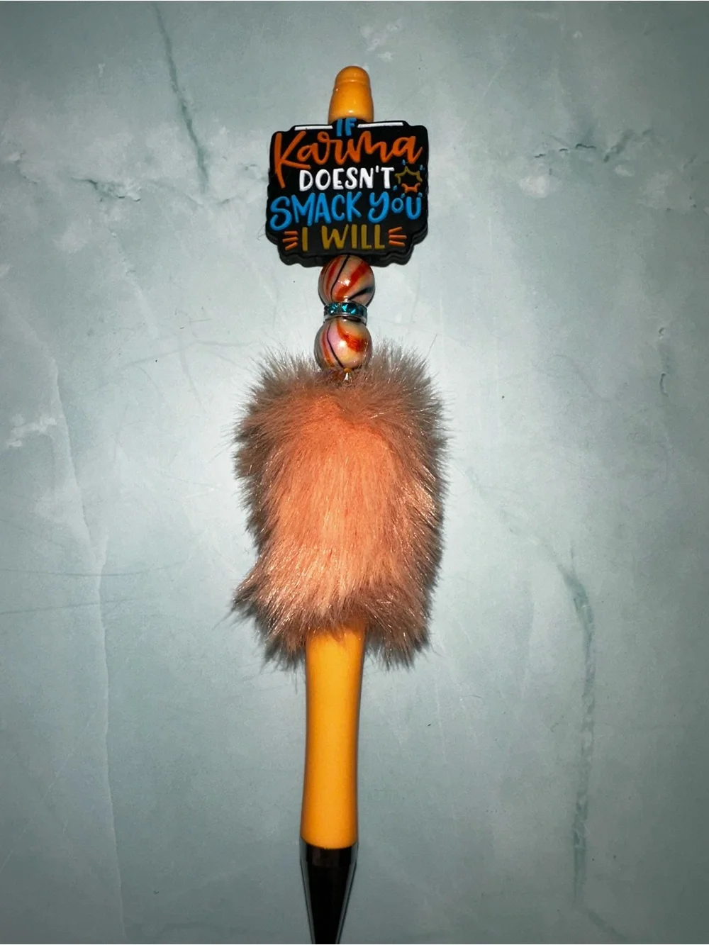 Karma Doesnt Smack You I Will Orange Furry Charm Pen - Women Accessories